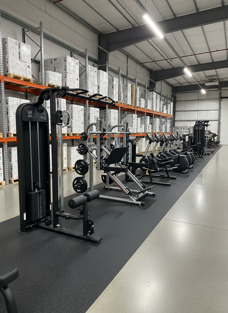 A neatly arranged row of commercial-grade fitness machines, including a sleek black cable crossover, a brushed steel squat rack, and a matte-finish leg press, stretches across a spotless rubberized floor. In the background, tall racks of neatly boxed and palletized cardio equipment rise toward an industrial ceiling. Cool, diffused overhead LED lighting creates clean highlights on metal surfaces and soft reflections on the polished concrete walkway. Shot at eye level with a wide-angle lens, the composition emphasizes depth and scale, suggesting a well-organized wholesale warehouse. The photographic realism and professional, modern aesthetic convey reliability, quality, and comprehensive fitness equipment solutions.