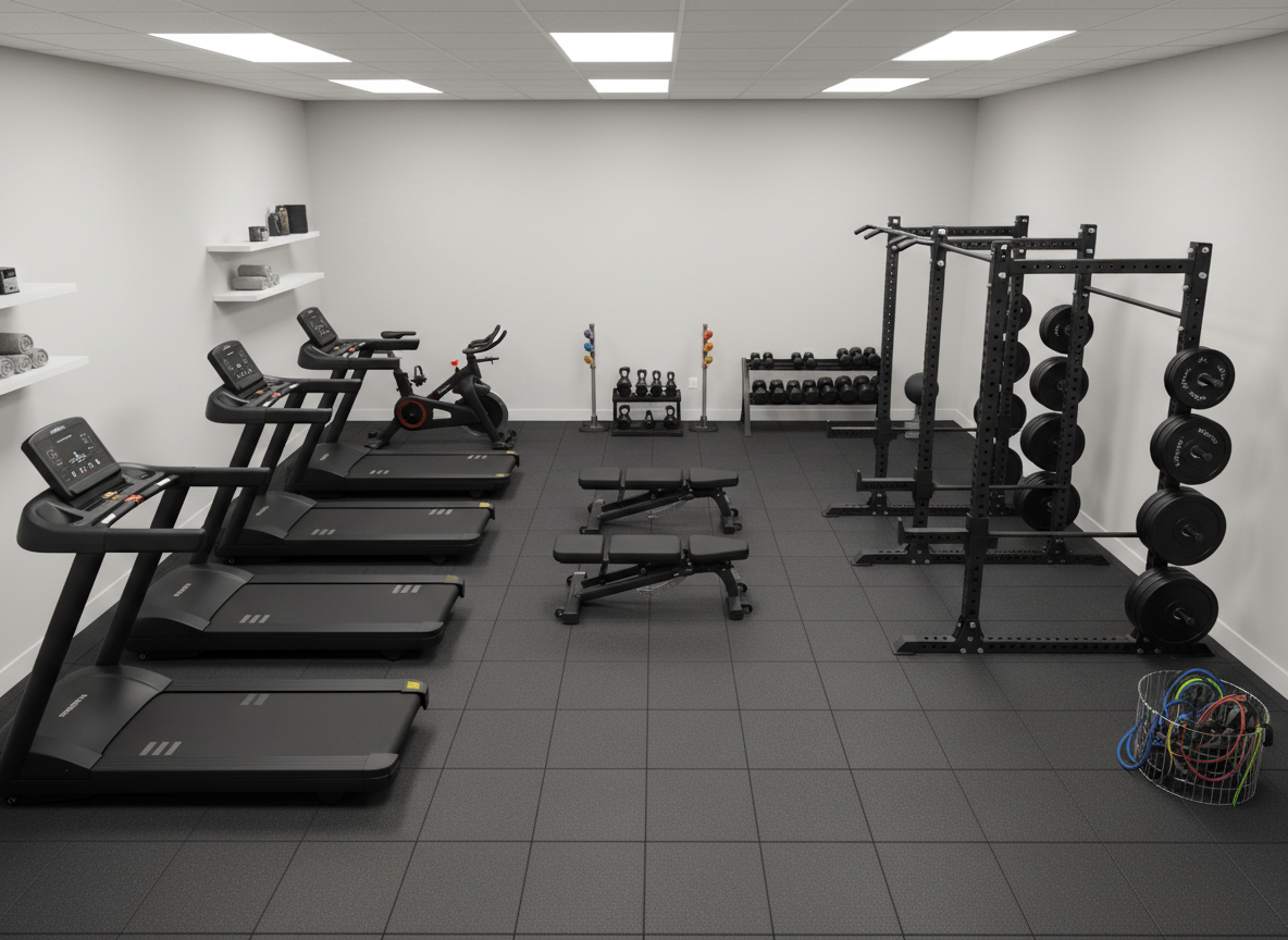 A meticulously organized small gym layout seen from a bird’s-eye perspective, showcasing how wholesale fitness equipment can transform a compact space. On one side, a row of compact treadmills and upright bikes lines a wall with minimalist storage shelves. Opposite, a space-efficient rig combines pull-up bars, squat stations, and plate storage. In the center, neatly positioned benches, adjustable dumbbells, and resistance bands create a multi-use training area. Even ceiling-mounted LED panels bathe the room in bright, neutral light, eliminating harsh shadows. The photographic realism and clean, modern aesthetic highlight smart planning, versatility, and professional-grade equipment suited for both athletic performance and everyday fitness routines.