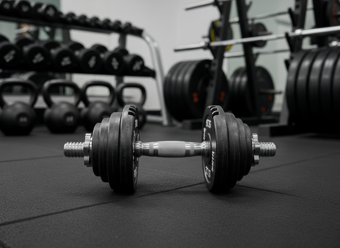 A close-up, photographic view of a high-end adjustable dumbbell resting on a textured black rubber mat, its knurled chrome handle catching subtle reflections from overhead lights. Behind it, slightly out of focus, are neatly aligned rows of kettlebells, bumper plates, and barbells on a sturdy steel rack. Soft, even studio-style lighting creates minimal shadows and emphasizes clean lines and premium materials. Captured from a low, three-quarter angle with shallow depth of field, the composition draws attention to craftsmanship and durability. The mood is professional and precise, showcasing quality wholesale fitness equipment in a clean, modern environment suitable for athletes and everyday users alike.