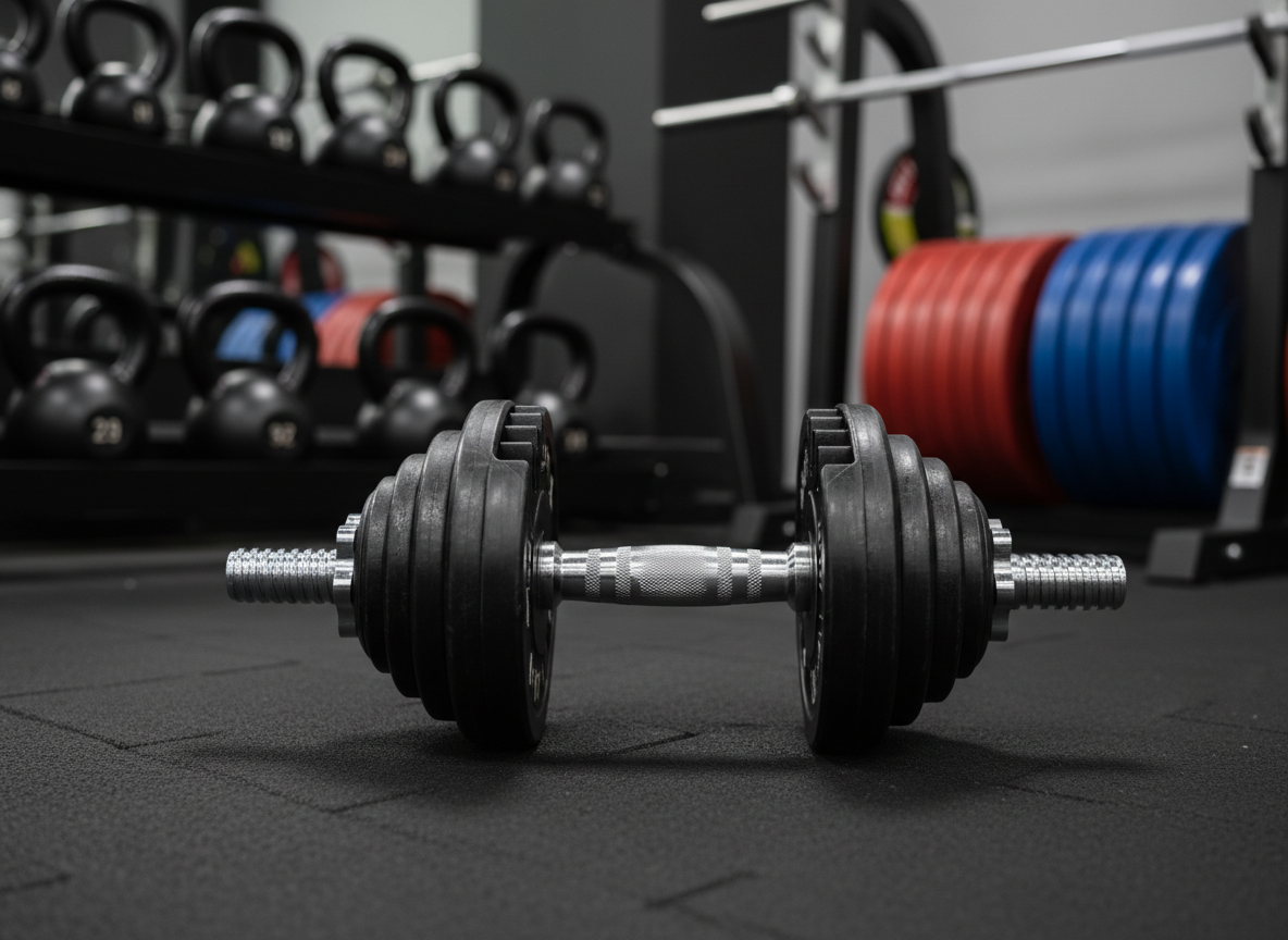 A close-up, photographic view of a high-end adjustable dumbbell resting on a textured black rubber mat, its knurled chrome handle catching subtle reflections from overhead lights. Behind it, slightly out of focus, are neatly aligned rows of kettlebells, bumper plates, and barbells on a sturdy steel rack. Soft, even studio-style lighting creates minimal shadows and emphasizes clean lines and premium materials. Captured from a low, three-quarter angle with shallow depth of field, the composition draws attention to craftsmanship and durability. The mood is professional and precise, showcasing quality wholesale fitness equipment in a clean, modern environment suitable for athletes and everyday users alike.
