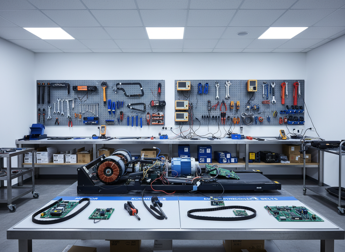 An open, well-lit fitness repair workshop featuring a disassembled commercial treadmill on a heavy-duty workbench, its internal components—motors, belts, and circuit boards—meticulously laid out on labeled anti-static mats. Organized pegboards of tools, diagnostic devices, and replacement parts line the wall behind. Cool, neutral overhead LED panels provide bright, shadow-free illumination, highlighting every detail of the machinery. Photographed from a slightly elevated angle with sharp focus throughout, the image conveys technical expertise and professionalism. The atmosphere is orderly and efficient, emphasizing expert repair services and meticulous attention to detail in a modern, photographic realism style.