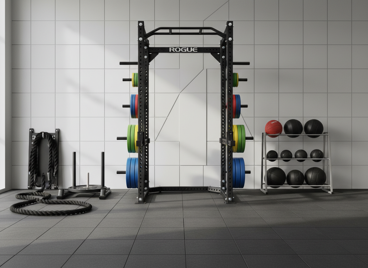 A versatile functional training zone filled with carefully arranged equipment: a sturdy black power rack with safety bars, color-coded bumper plates on vertical storage posts, battle ropes coiled neatly beside a weighted sled, and a set of medicine balls stacked on a minimalist steel stand. The space features smooth, dark rubber flooring and a clean, light gray wall with subtle grid patterns. Large, unseen windows cast soft, diffused daylight across the scene, creating gentle shadows that add depth without clutter. Captured at eye level with a balanced composition and moderate depth of field, the image feels dynamic yet orderly, representing a professional environment for training programs catering to both serious athletes and everyday fitness enthusiasts.