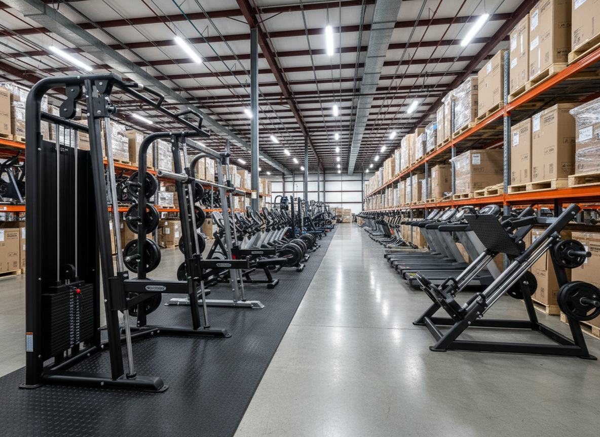 A neatly arranged row of commercial-grade fitness machines, including a sleek black cable crossover, a brushed steel squat rack, and a matte-finish leg press, stretches across a spotless rubberized floor. In the background, tall racks of neatly boxed and palletized cardio equipment rise toward an industrial ceiling. Cool, diffused overhead LED lighting creates clean highlights on metal surfaces and soft reflections on the polished concrete walkway. Shot at eye level with a wide-angle lens, the composition emphasizes depth and scale, suggesting a well-organized wholesale warehouse. The photographic realism and professional, modern aesthetic convey reliability, quality, and comprehensive fitness equipment solutions.