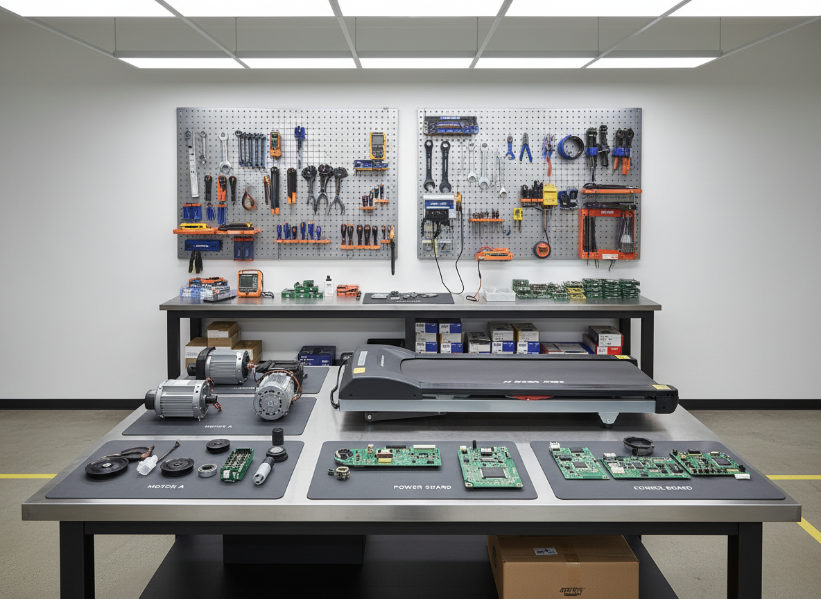 An open, well-lit fitness repair workshop featuring a disassembled commercial treadmill on a heavy-duty workbench, its internal components—motors, belts, and circuit boards—meticulously laid out on labeled anti-static mats. Organized pegboards of tools, diagnostic devices, and replacement parts line the wall behind. Cool, neutral overhead LED panels provide bright, shadow-free illumination, highlighting every detail of the machinery. Photographed from a slightly elevated angle with sharp focus throughout, the image conveys technical expertise and professionalism. The atmosphere is orderly and efficient, emphasizing expert repair services and meticulous attention to detail in a modern, photographic realism style.